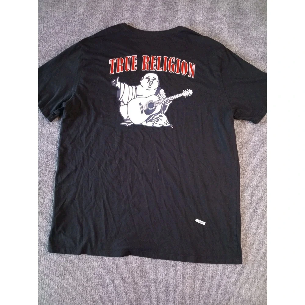 True Religion Brand Jeans T Shirt Mens 3XL Black Guitar Buddha Logo Graphic Shor